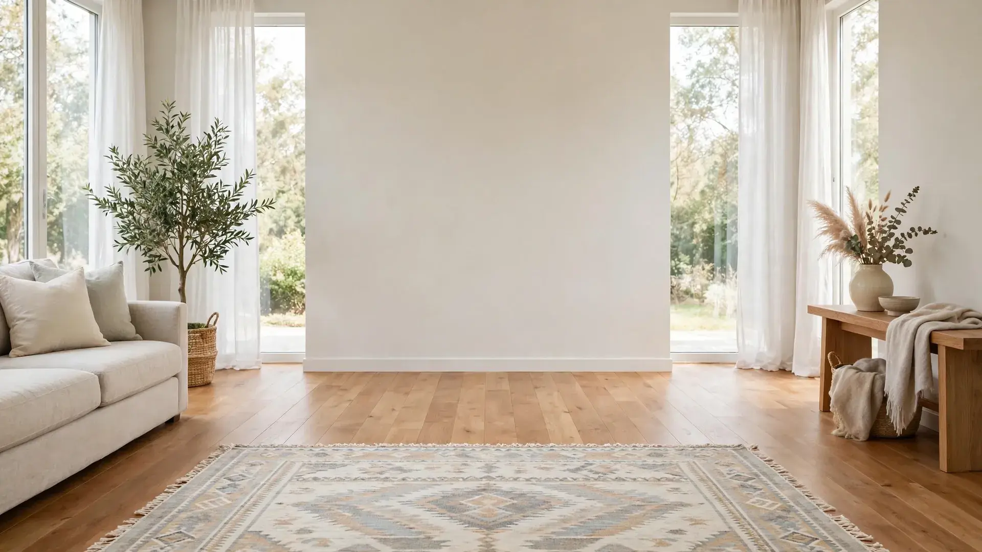 Patterned wool area rug on a hardwood floor in a bright living room