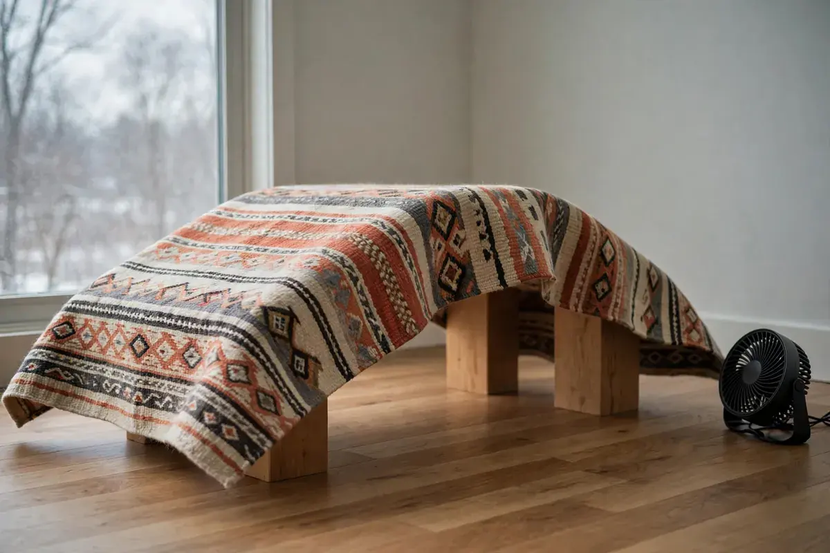 A patterned wool rug raised on blocks over hardwood with a fan nearby