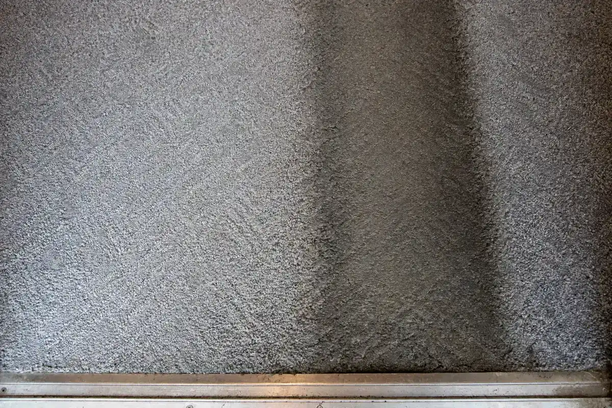 Close-up of a gray commercial carpet lane worn darker by foot traffic