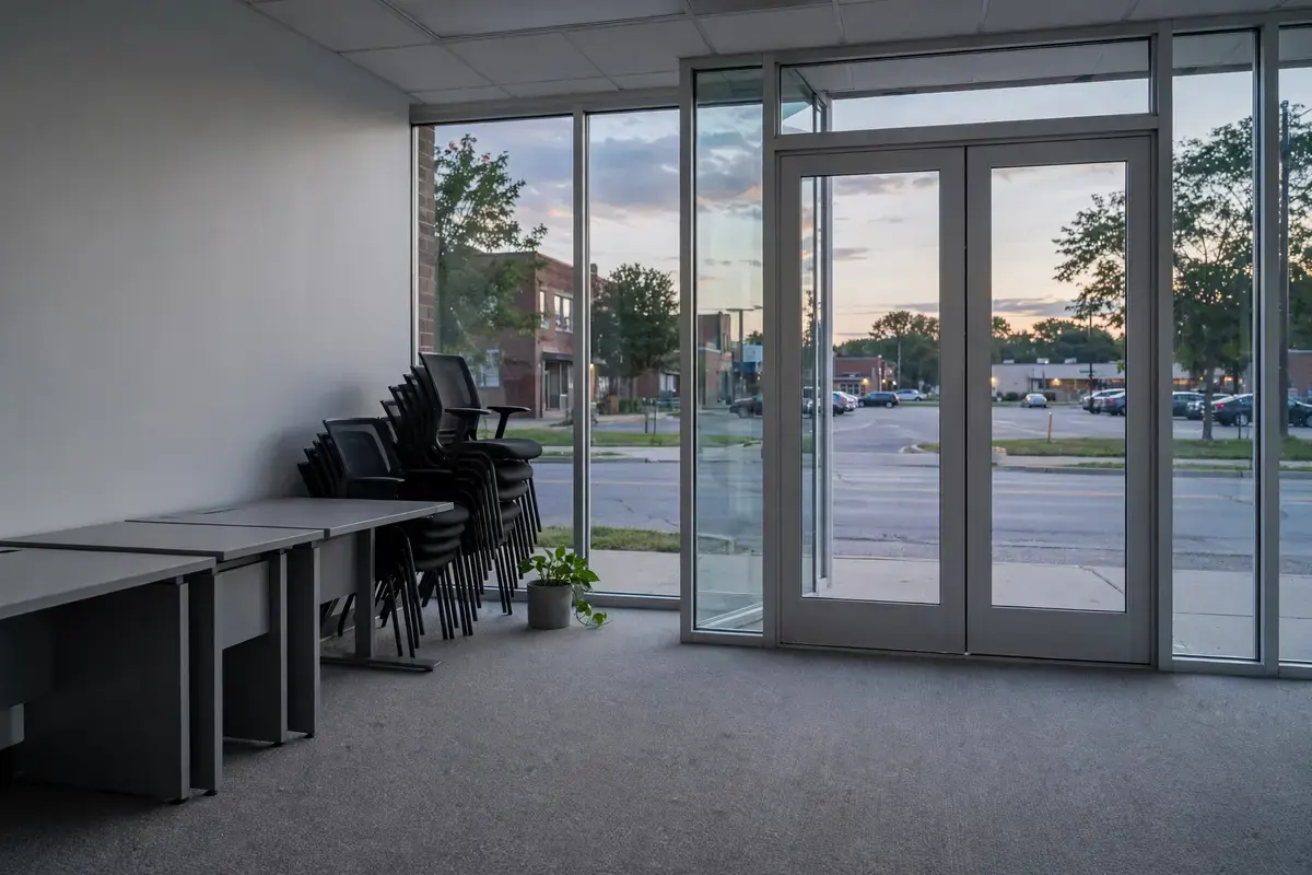 A quiet small office after hours with clean gray carpet and desks pushed to one side