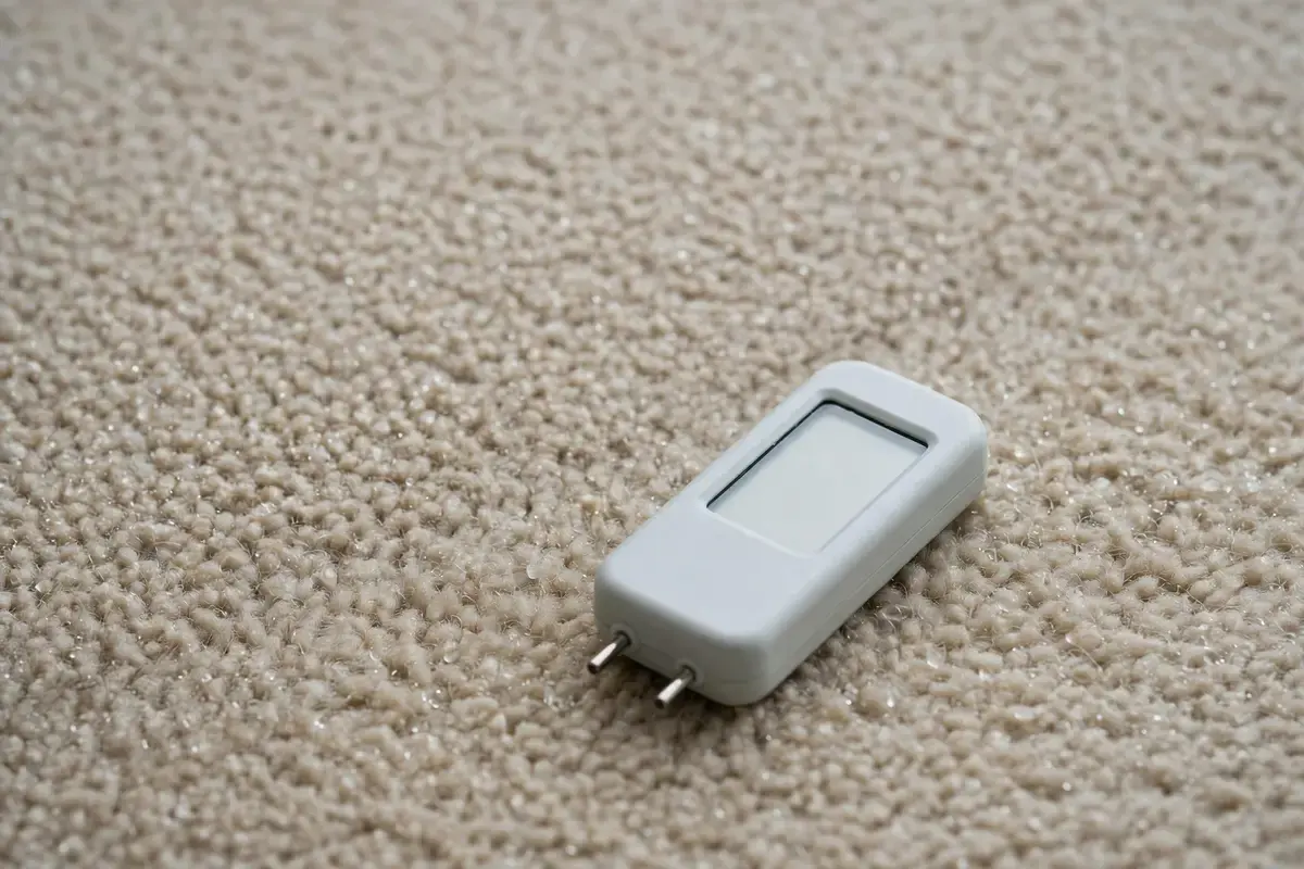 Close-up of damp carpet pile with a small digital moisture meter lying beside it