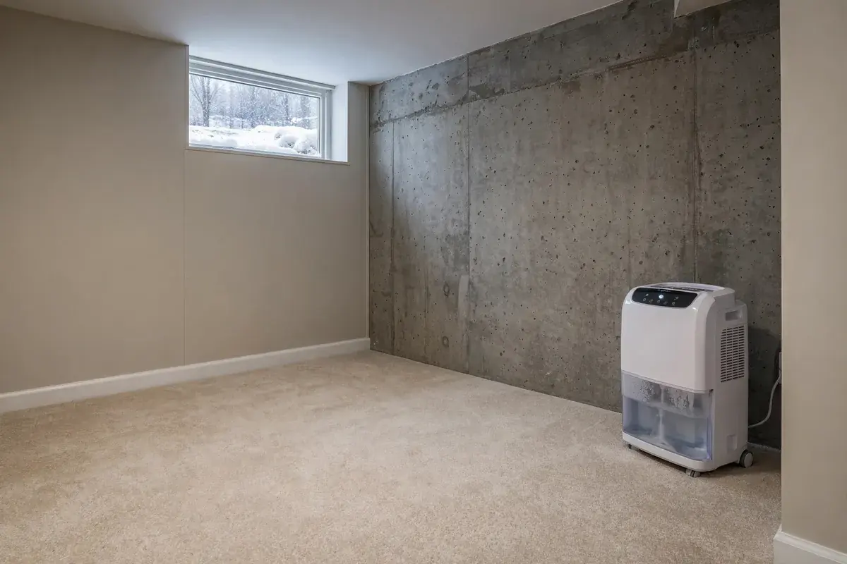 A basement room with carpet, a dehumidifier and a small window showing snow outside