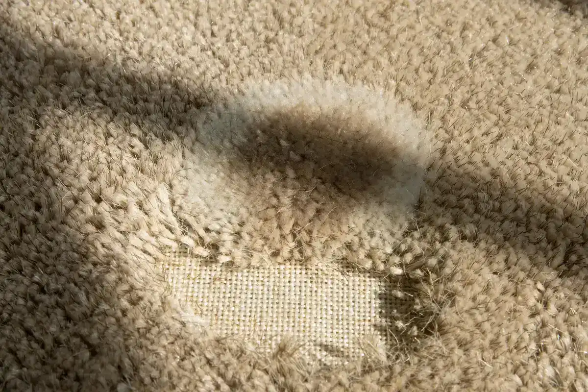 Close-up of carpet fibers with a faint pale stain patch on beige pile