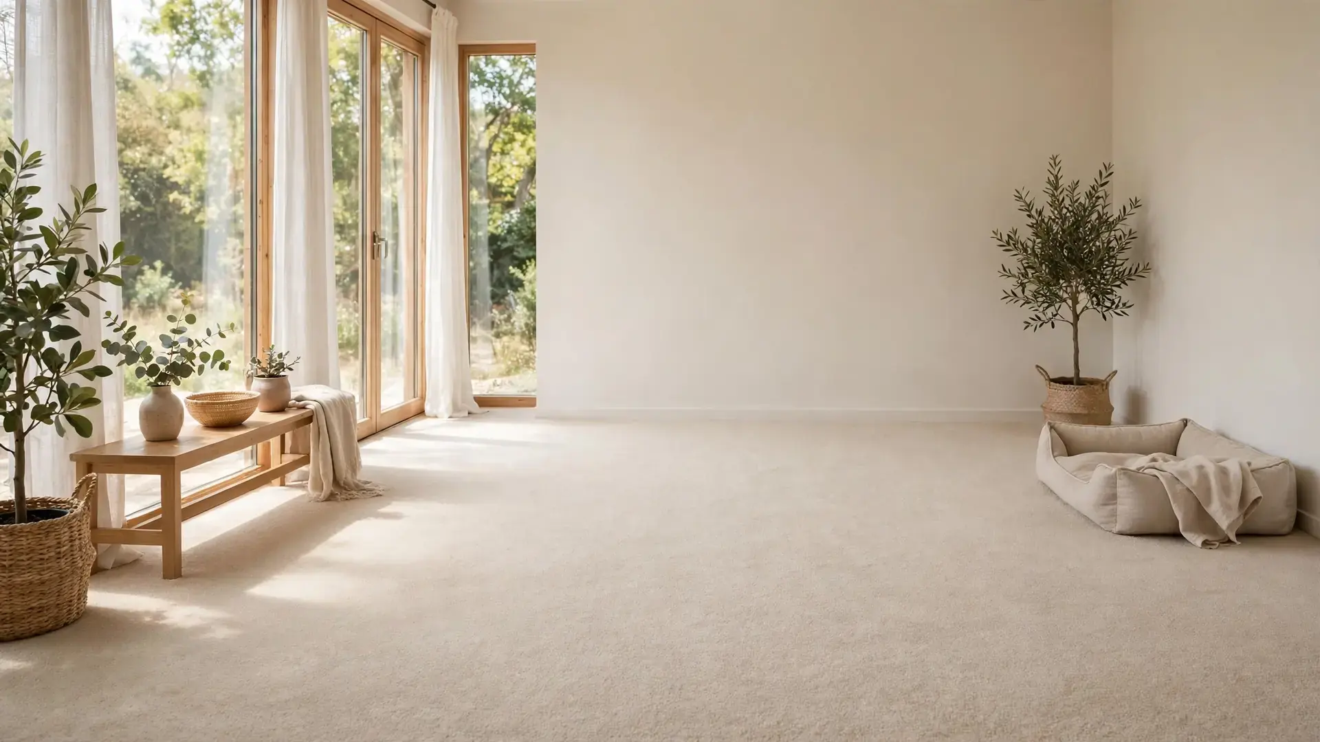 Sunlit living room carpet with a dog bed, clean and fresh