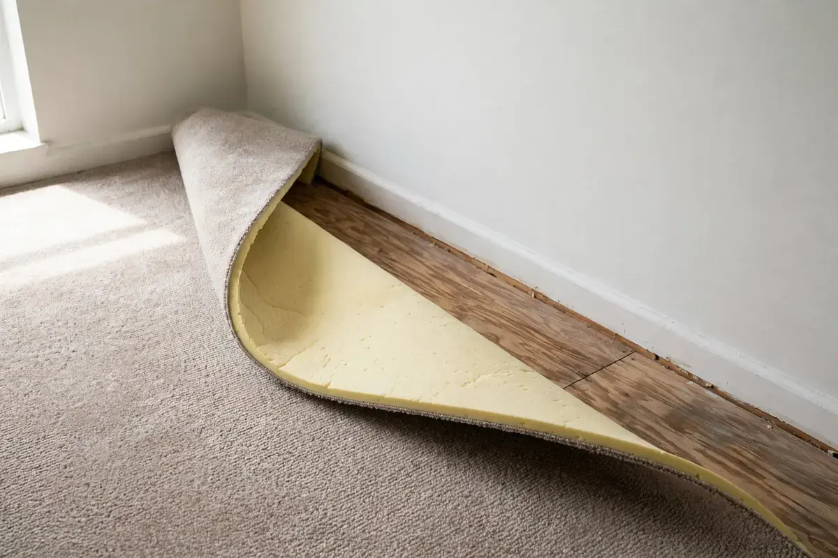 A bedroom corner with a folded back carpet edge showing the pad underneath
