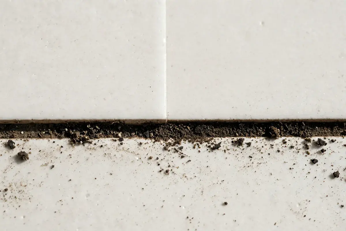 Close-up of a grout line where dark soil meets freshly cleaned light grout