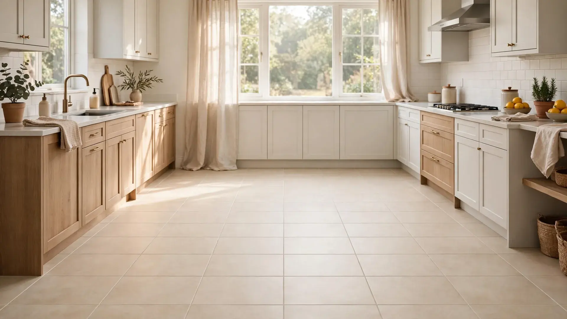 Tile and grout cleaning in Erie PA: a bright kitchen floor with clean light porcelain tile and even grout lines