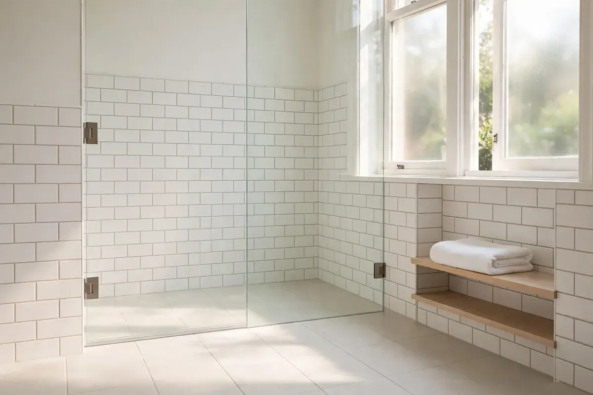 A bright bathroom with a tiled shower wall and clean tile floor in morning light