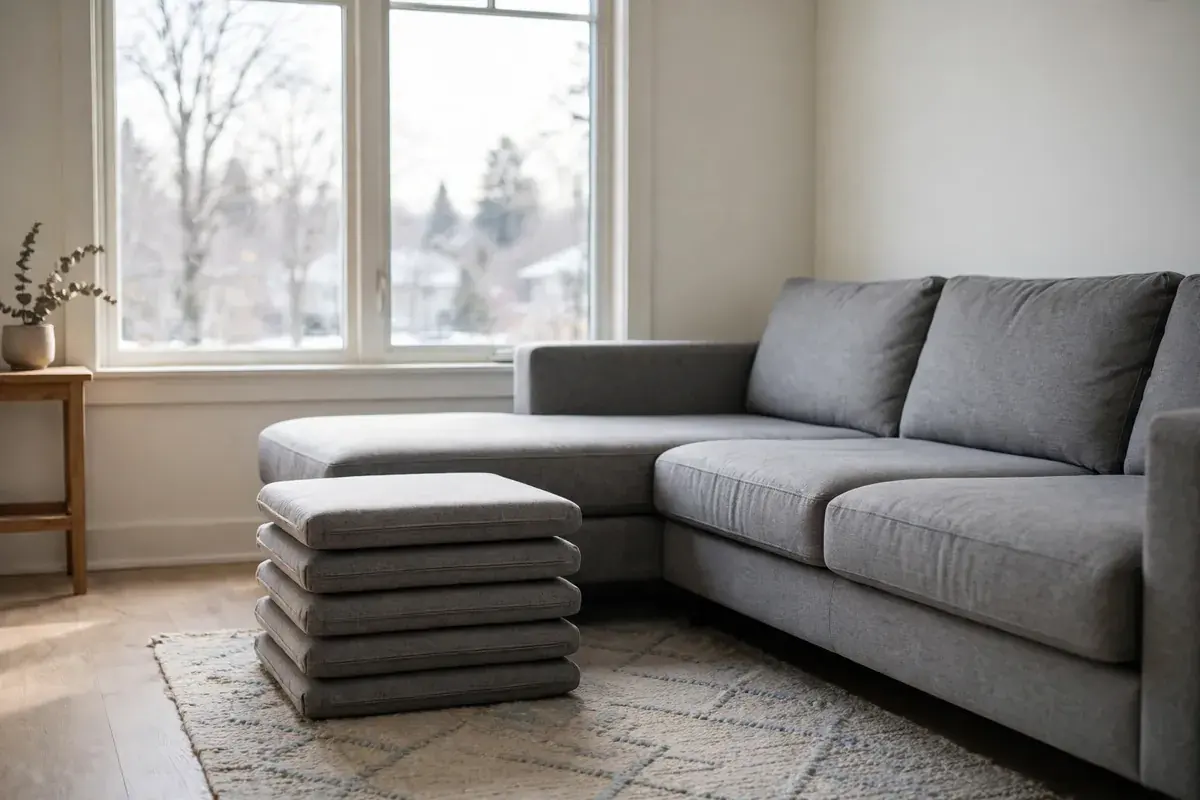 A living room with a gray sectional, cushions stacked neatly on the floor beside it