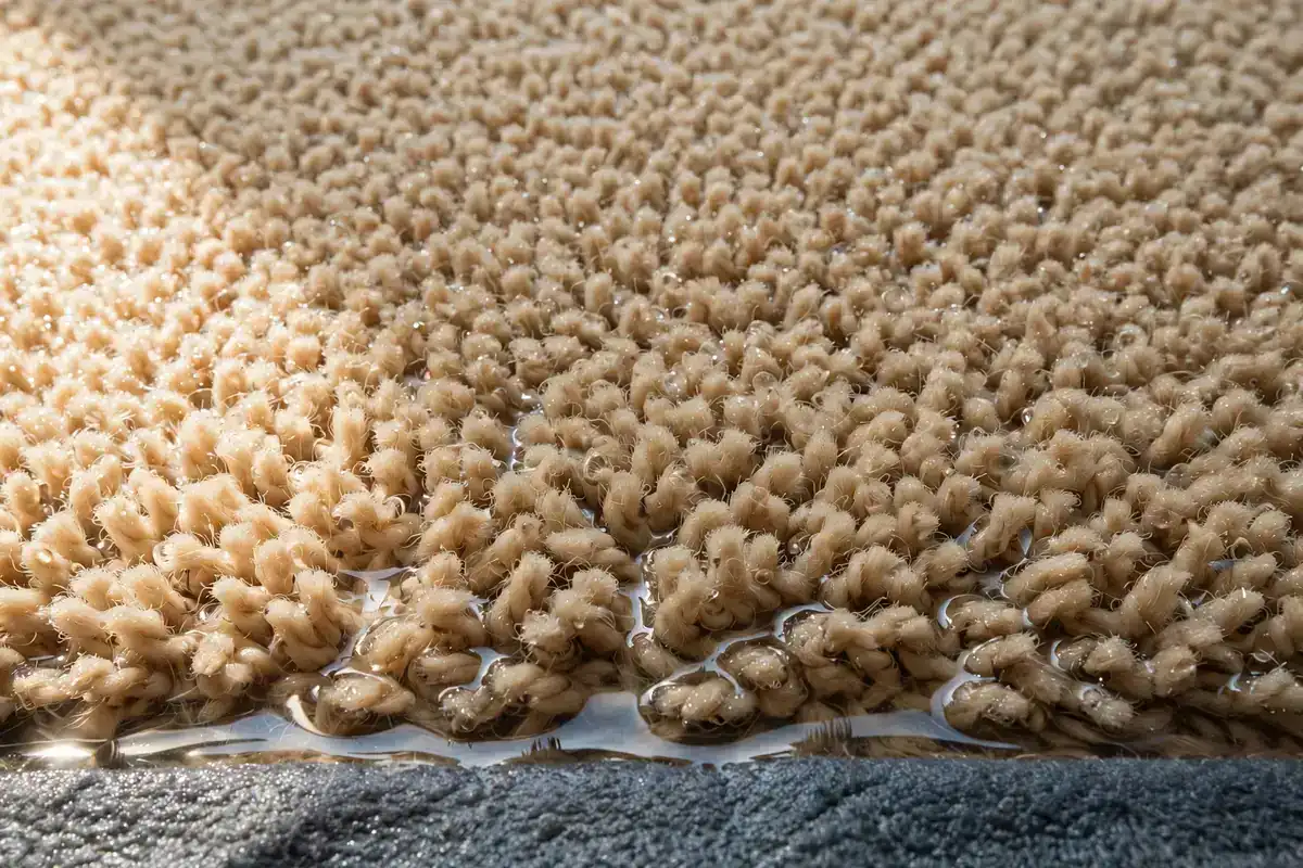 Close-up of wet carpet pile with a thin sheen of water at the fiber base