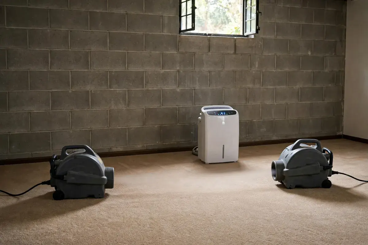 A finished basement with two air movers and a dehumidifier running over tan carpet